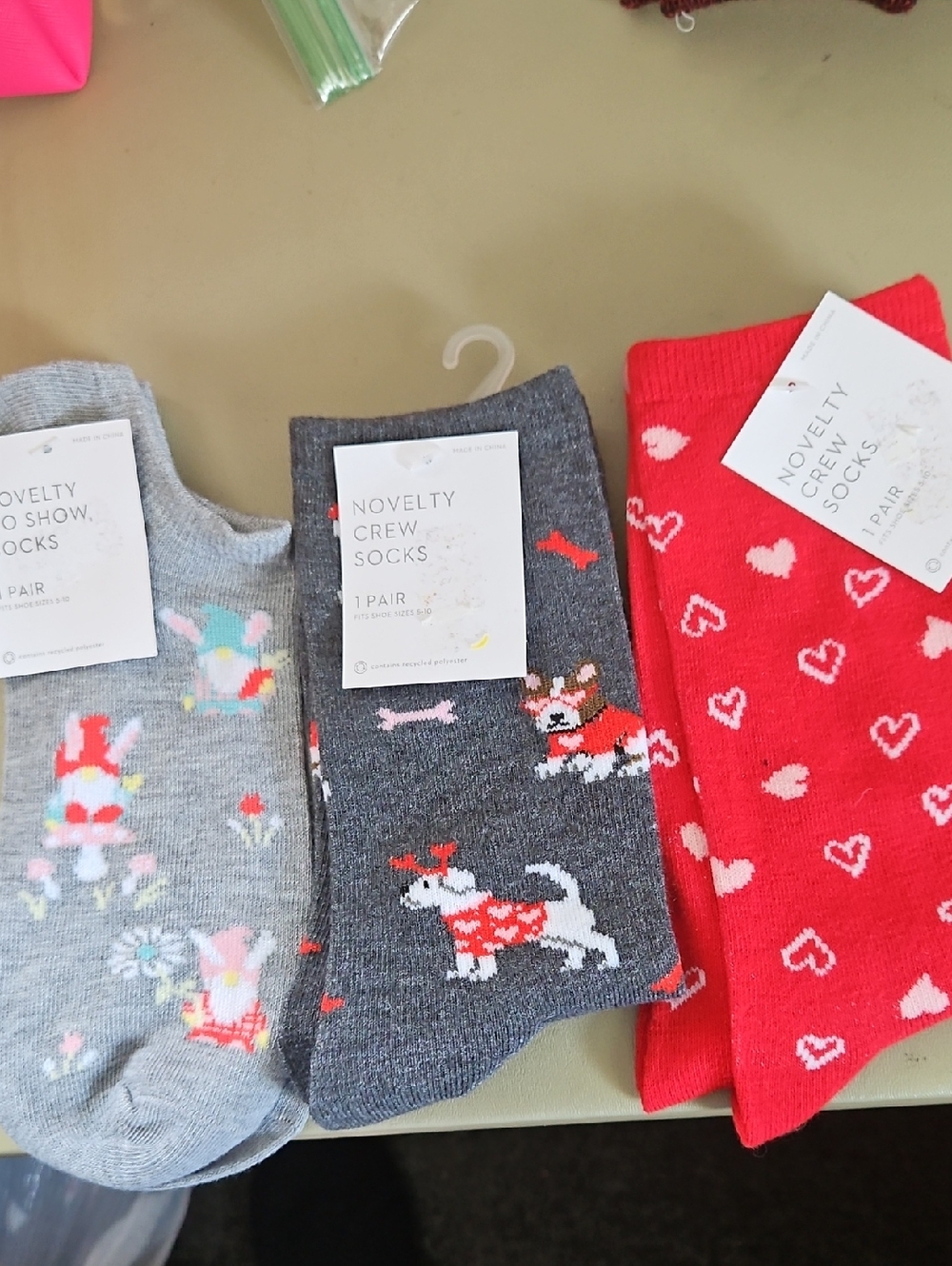 2 Novelty Crew Socks - 1 Nonshow Sock. Gray Dog Print & Red Hearts - 3 Pair Set